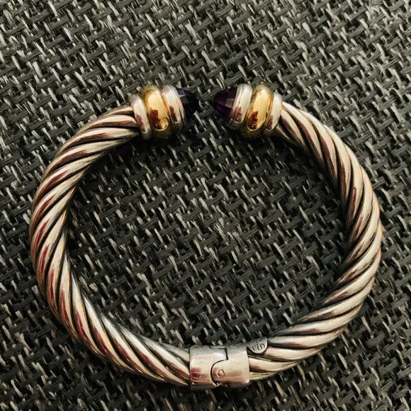 ALS Sterling Silver Classic Cable Bracelet with 18K Gold Band Accent - Picture 3 of 5